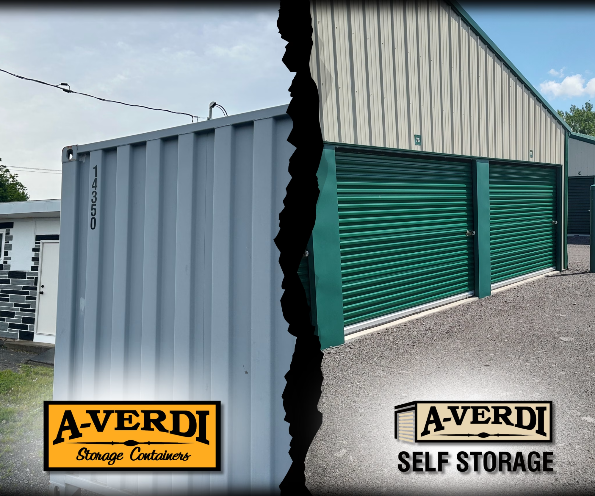 Side-by-side comparison of an A-Verdi storage container and A-Verdi Self Storage facility with green roll-up doors, highlighting differences between portable storage containers and traditional self storage units.